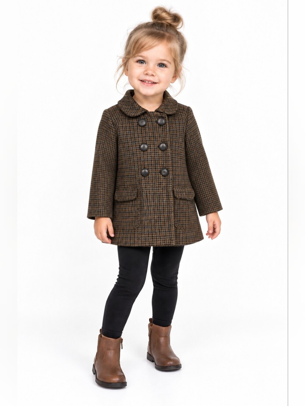 NICOLI Girls' Size 18-24M Double-Breasted Brown Plaid Wool Blend Pea Coat
